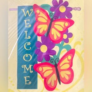 Evergreen welcome butterfly outdoor appliqué flag NEW